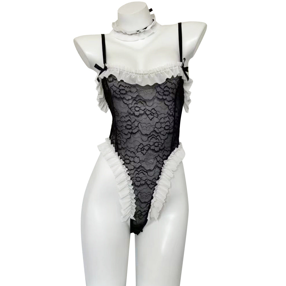 Image of Erotic lingerie lace temptation sexy suspenders with dark buckles open one-piece hot pure lust free pajamas 8566